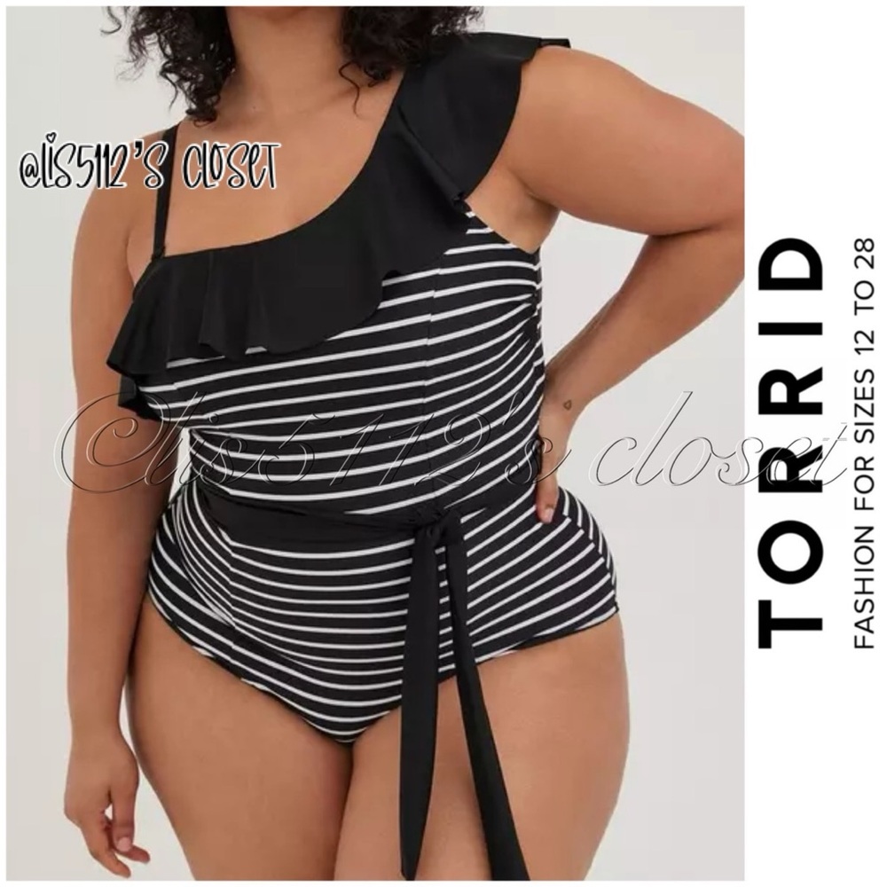 Torrid Retro Chic Black & White Stripe Ruffle One-Piece Swimsuit 3X 22 24